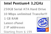 Cheap dedicated server web hosting - Intel Pentium4 3.2GHz. cPanel 250GB Serial ATA Hard Drive. 1GB RAM 10 Mbps unlimited Monthly Transfer. 8 IP addresses.